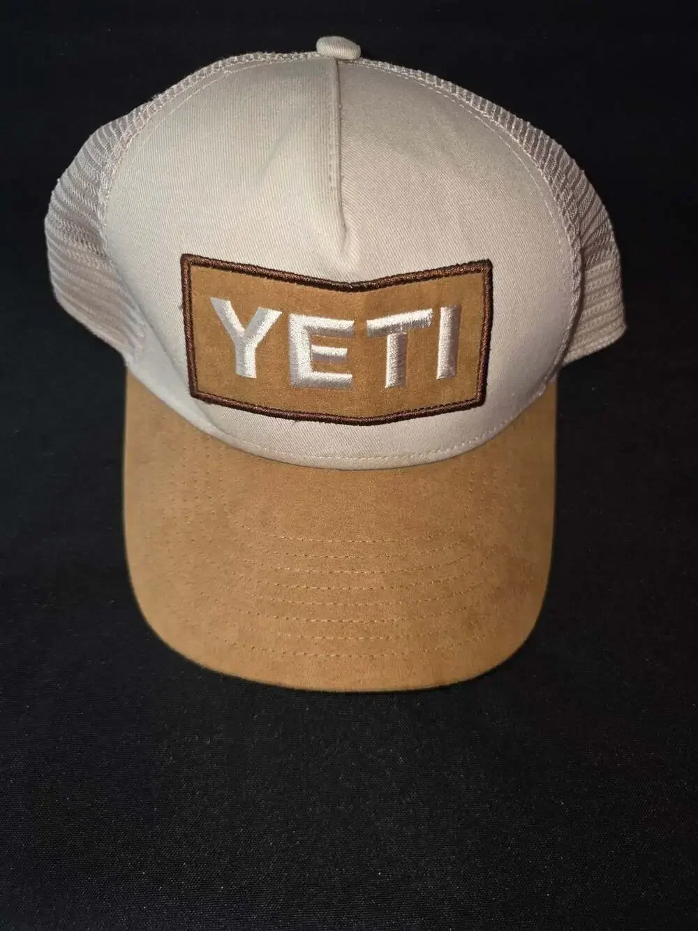 YETI Logo Badge Trucker Hat Khaki and Brown Snapback Cap